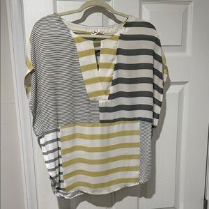 Anthropologie V-Neck Patchwork Top in White, Gray & Olive